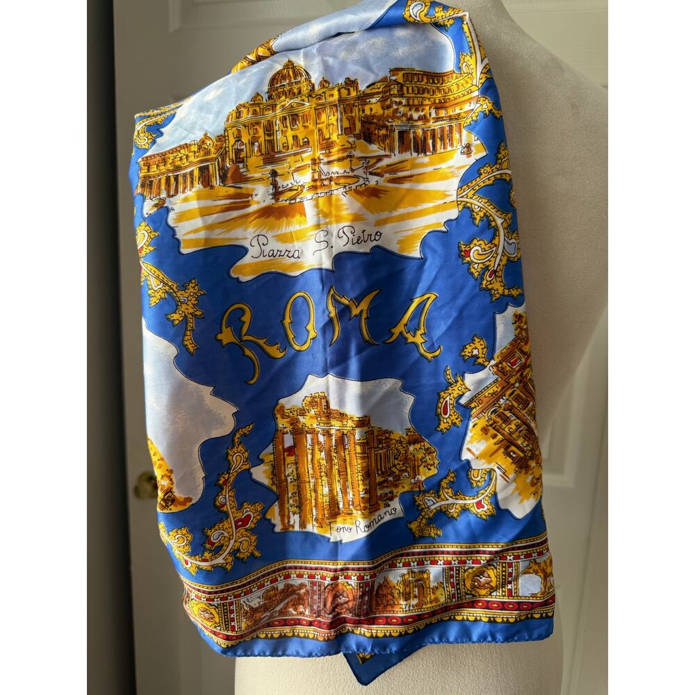 Vintage Roma Italy Scenic Souvenir Scarf Blue Gold Made in Italy